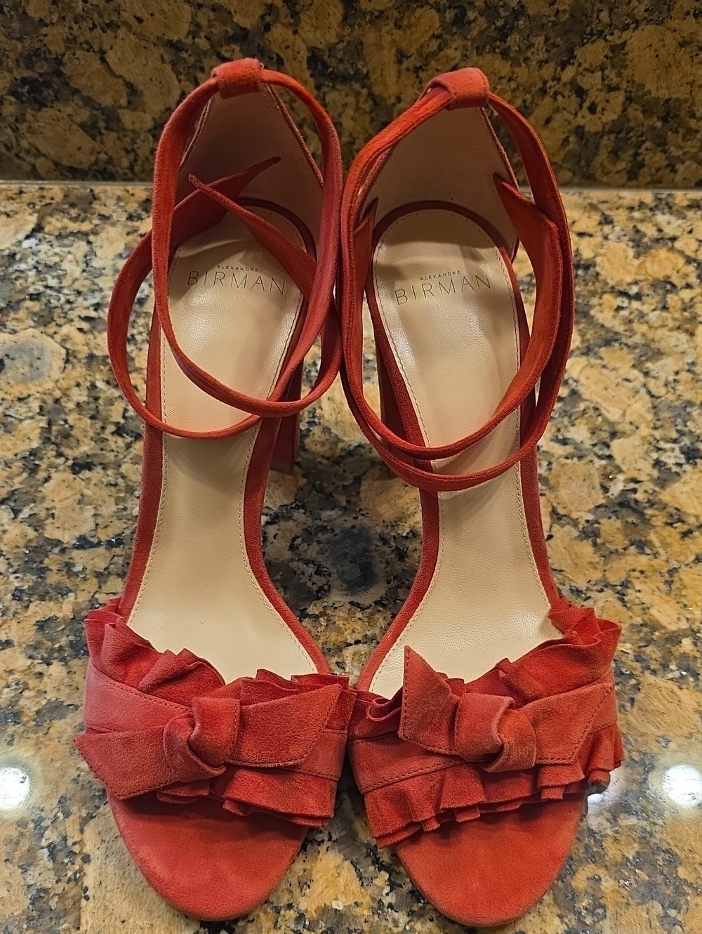 Alexandre Birman Red Suede Ruffle Wrap-Heel Sandals